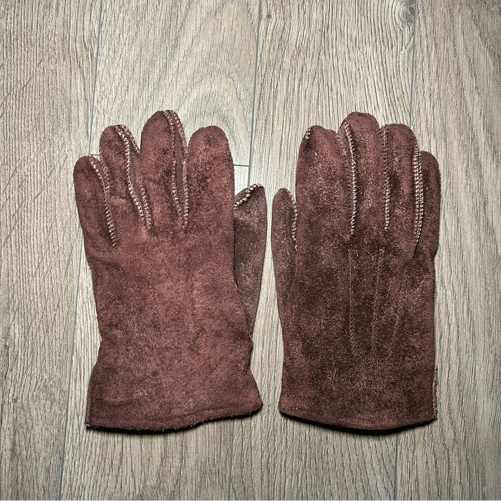 Vintage Chocolate Brown 100% Suede Faux Sherpa Lined Gloves